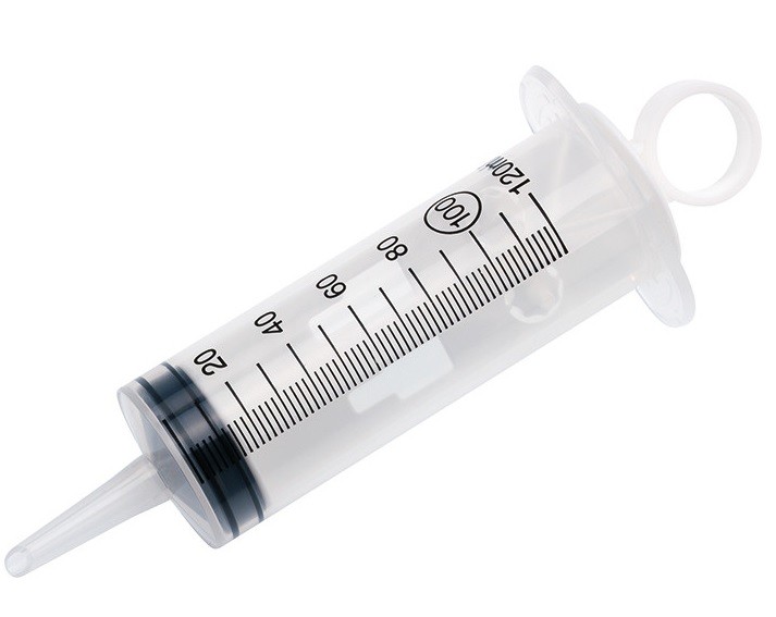 120 ml, kateter-, sår- eller øreskyllesprøjte, 3-parts, 2 adaptorer