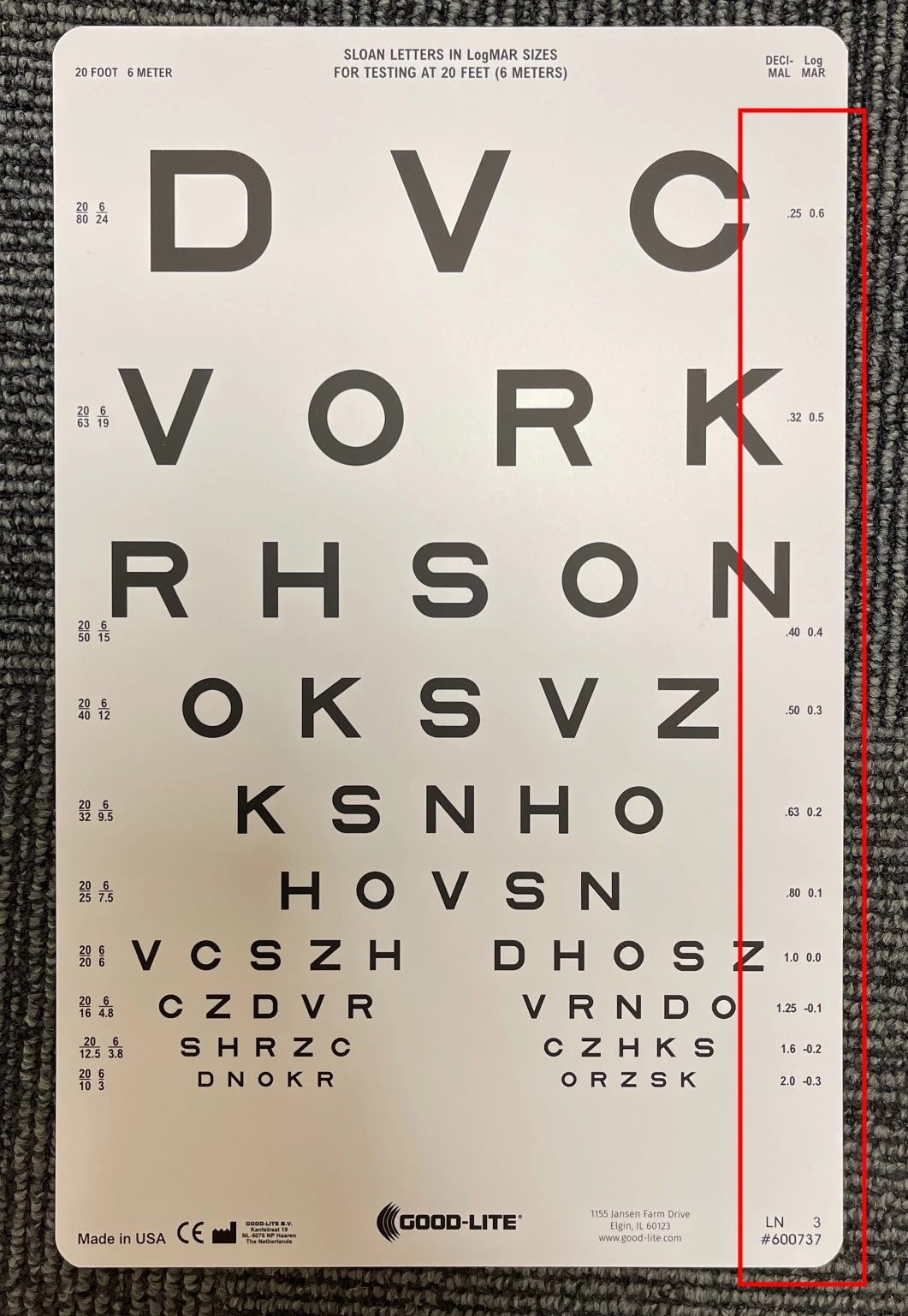 VAREPRØVE: Synstavle, Bogstaver (SLOAN), 6m, ophæng eller lyskasse, CE-godkendt, LogMAR.