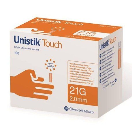 UniStik Touch 21G, 2,0 mm sikkerhets lancett. 100 stk.